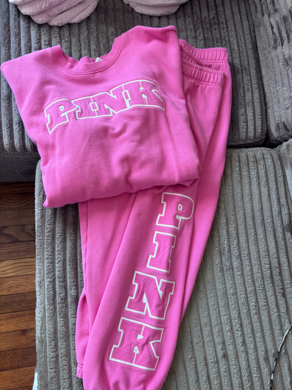 PINK Victoria's Secret Bright Pink Fleece Joggers with Vertical Logo